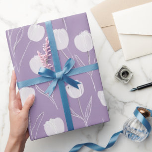 Papel De Presente Padrão Floral Branco Tulipa Lavanda Moderna