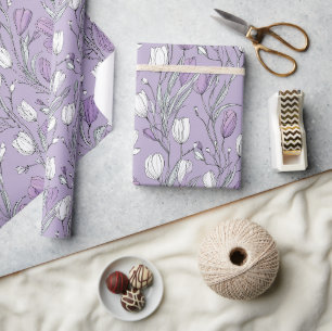 Papel De Presente Padrão Floral Branco Tulipa Lavanda Moderna