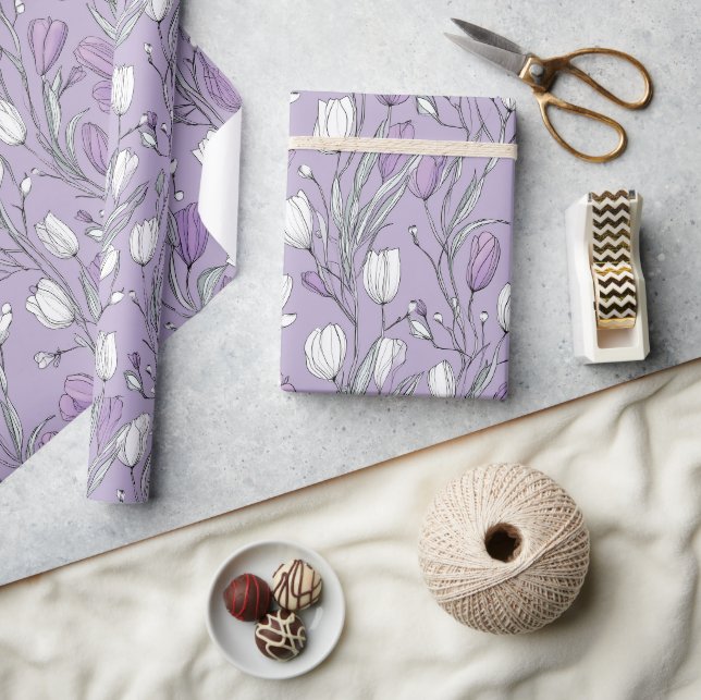 Papel De Presente Padrão Floral Branco Tulipa Lavanda Moderna (Artesanato)
