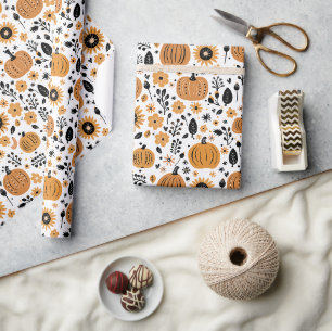 Papel De Presente Padrão floral caprichoso de abóbora e outono