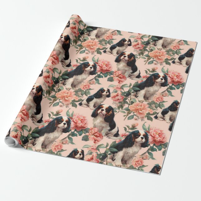 Papel De Presente Padrão Floral Cavalier King Charles Fofo (Desenrolado)