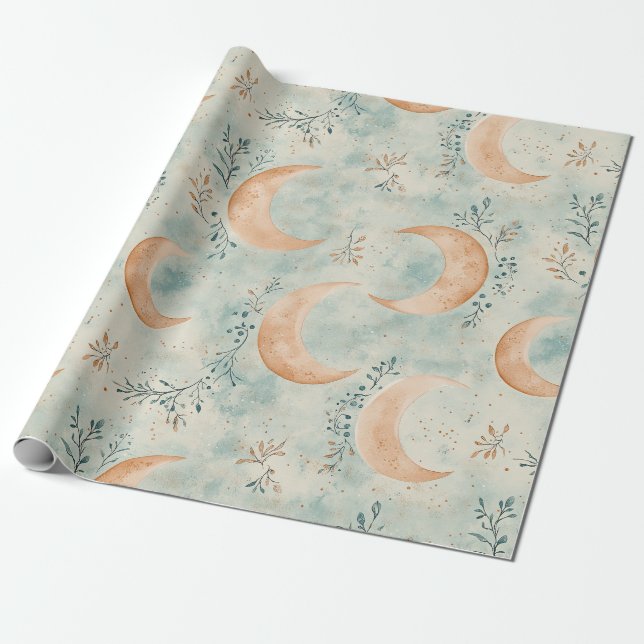 Papel De Presente Padrão Floral Celestial Boho Lua (8) (Desenrolado)