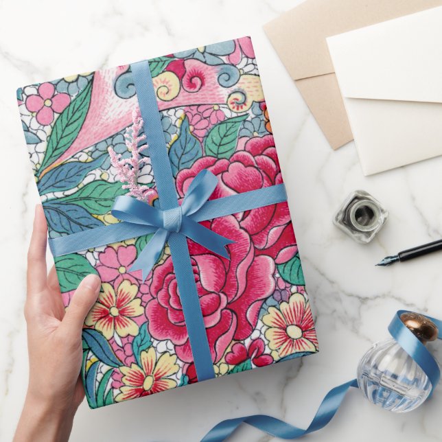 Papel De Presente Padrão Floral Chinês Colorido (Presentear)