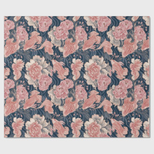 Papel De Presente Padrão Floral Chinoiserie Azul Rosa Koi