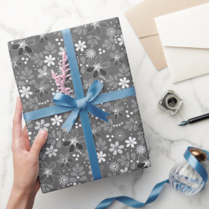 Papel De Presente Padrão floral cinza retrô anos sessenta