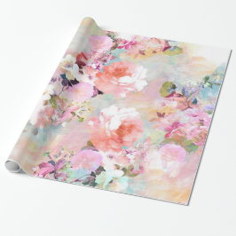 Papel De Presente Padrão Floral Cinza Romântico Cor de Água Chic
