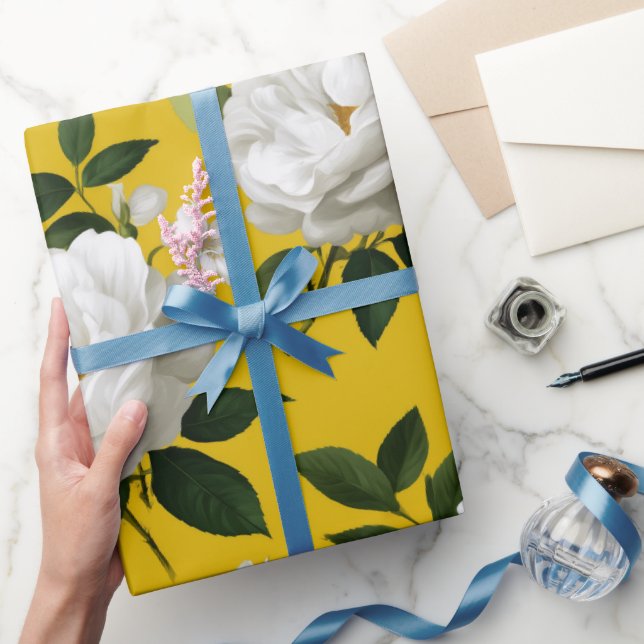 Papel De Presente Padrão Floral Clássico Amarelo Rosa Branco (Presentear)
