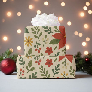 Papel De Presente Padrão Floral Clássico de Feriado Vermelho Verde