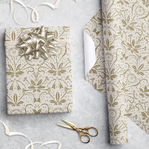 Papel De Presente Padrão Floral Clássico Elegante Beige Dourado