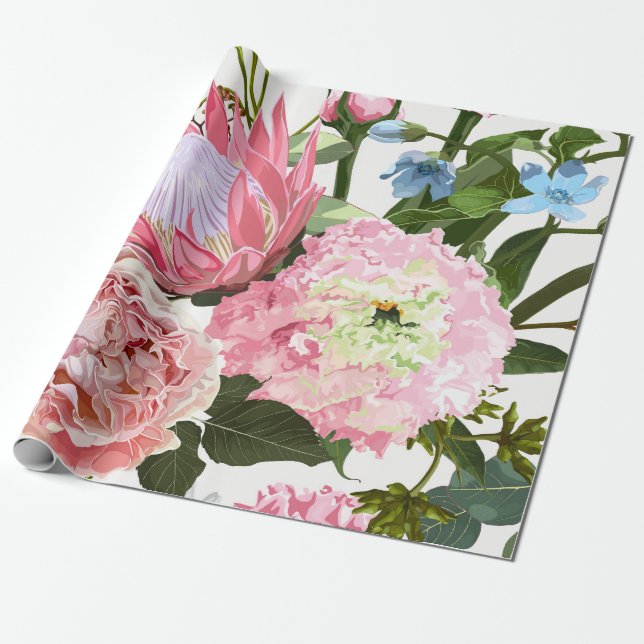 Papel De Presente Padrão floral com flores rosa. (Desenrolado)