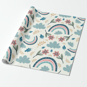 Papel De Presente Padrão floral com formas de arco-íris e nuvens 