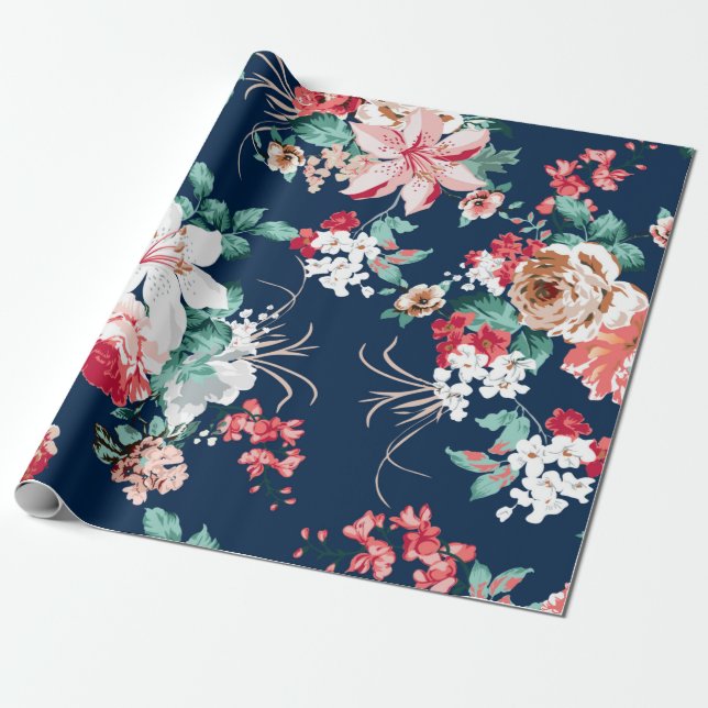 Papel De Presente Padrão floral com rosas e flores pequenas com v (Desenrolado)