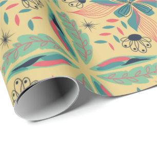 Papel De Presente Padrão floral contínuo com amarelo e azul-turquesa