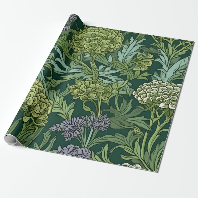 Papel De Presente Padrão floral contínuo no estilo de William Morris (Desenrolado)