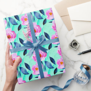 Papel De Presente Padrão floral cor-de-água rosa e azul