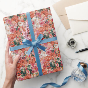 Papel De Presente Padrão Floral Cor-de-Rosa Laranja