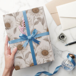 Papel De Presente Padrão Floral Creme de Girassol Neutro Suave