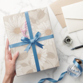 Papel De Presente Padrão Floral Creme de Girassol Neutro Suave