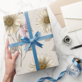 Papel De Presente Padrão Floral Creme de Girassol Neutro Suave