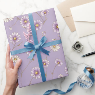 Papel De Presente Padrão Floral Creme de Margarida Lilás Delicado