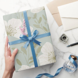 Papel De Presente Padrão Floral Creme Flor Verde Suave