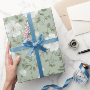 Papel De Presente Padrão Floral Creme Flor Verde Suave