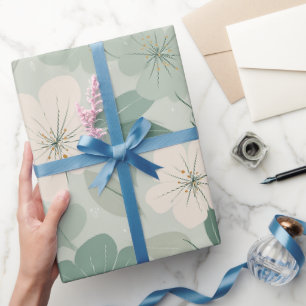 Papel De Presente Padrão Floral Creme Flor Verde Suave