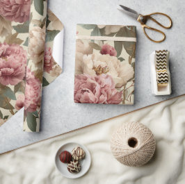 Papel De Presente Padrão Floral Creme Peônia Bege Vintage