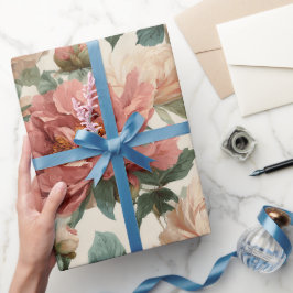 Papel De Presente Padrão Floral Creme Peônia Bege Vintage
