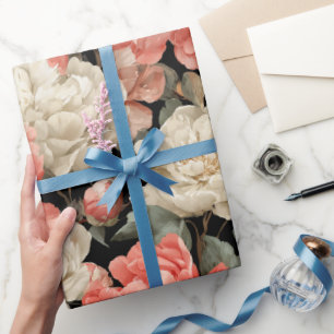 Papel De Presente Padrão Floral Creme Peônia Coral Aquarela