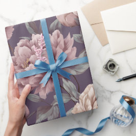 Papel De Presente Padrão Floral Creme Peônia Roxa Romântica
