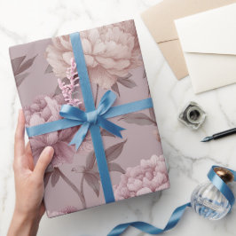 Papel De Presente Padrão Floral Creme Peônia Roxa Romântica