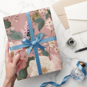Papel De Presente Padrão Floral Creme Rosa Empoeirado Vintage