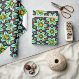 Papel De Presente Padrão Floral das Estrelas Verdes