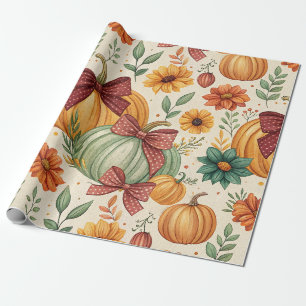 Papel De Presente Padrão Floral de Abóbora Aconchegante de Outono Se