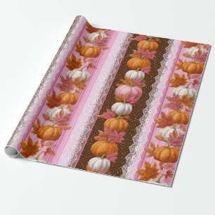 Papel De Presente Padrão Floral de Abóbora Laranja Rosa de Outono