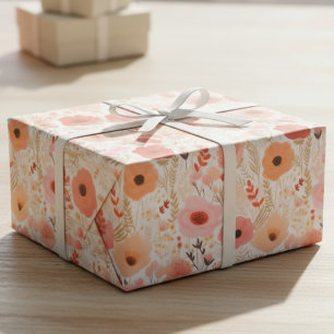 Papel De Presente Padrão Floral de Amores-Perfeitos Coral e Pêssego