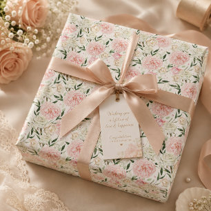 Papel De Presente Padrão Floral de Aquarela com Peônia de Rosa Suave