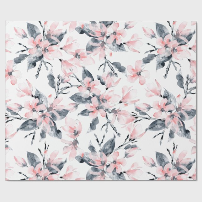 Papel De Presente Padrão Floral de Aquarela Rosa e Cinza (Aberto)