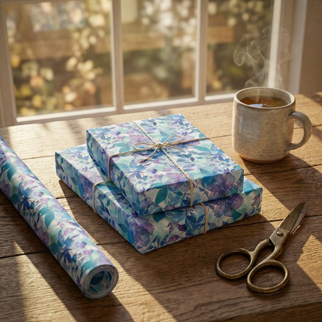 Papel De Presente Padrão Floral de Aquarela Vibrante em Azul e Teal (Criador carregado)
