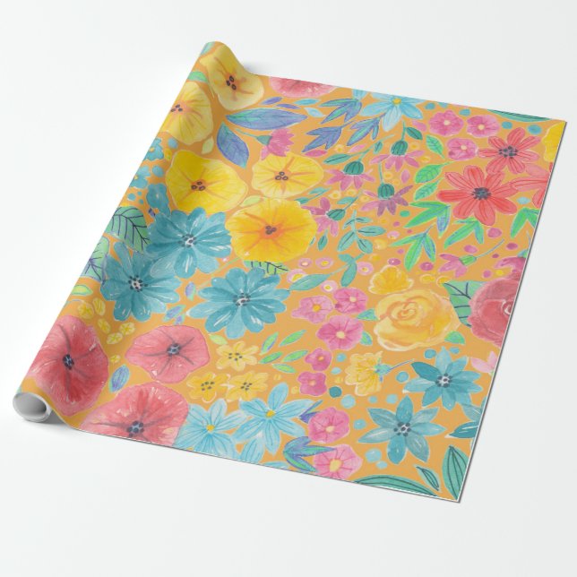 Papel De Presente Padrão floral de aquarelas em amarelo (Desenrolado)