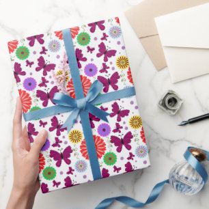Papel De Presente Padrão floral de borboleta retrô Arte popular colo