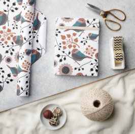 Papel De Presente Padrão Floral de Chickadee Rosa Azul