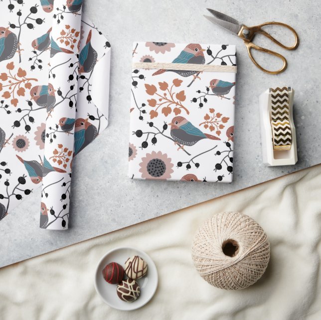 Papel De Presente Padrão Floral de Chickadee Rosa Azul (Artesanato)