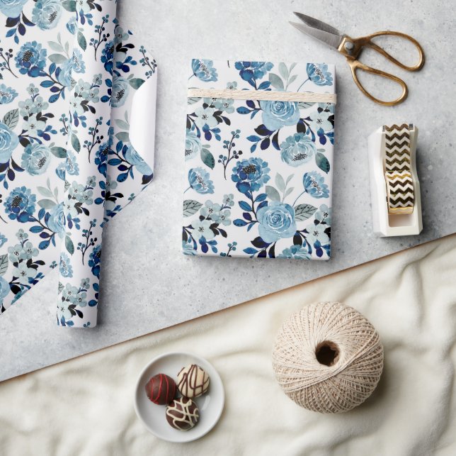 Papel De Presente Padrão floral de cor aquosa azul (Artesanato)