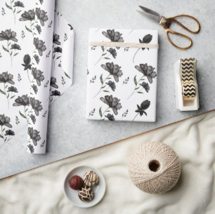 Papel De Presente Padrão Floral de Cor Branca e Preta da Água