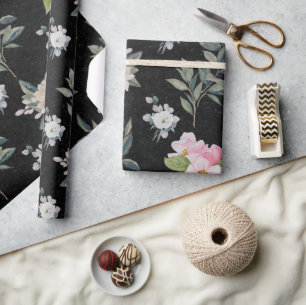 Papel De Presente Padrão Floral de Cor de Água Negra Moderna e Bonit