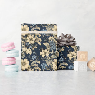 Papel De Presente Padrão Floral de Creme Azul Elegante