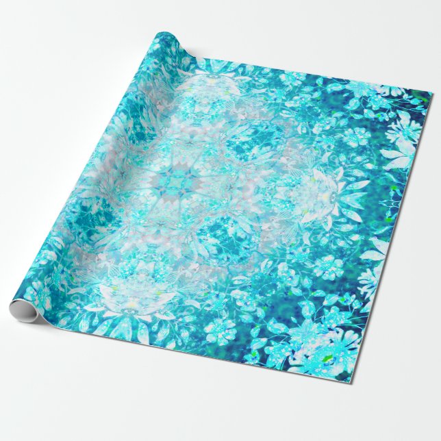Papel De Presente Padrão Floral de Cristal Azul Turquesa (Desenrolado)