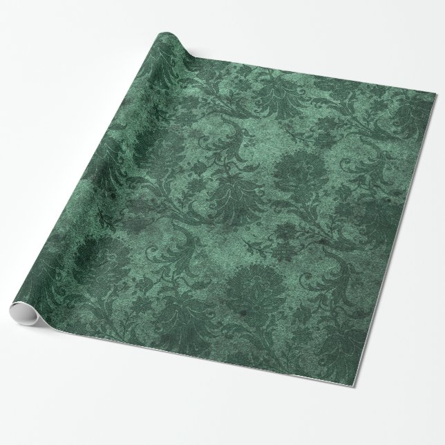 Papel De Presente Padrão floral de damascos reais verdes elegantes (Desenrolado)